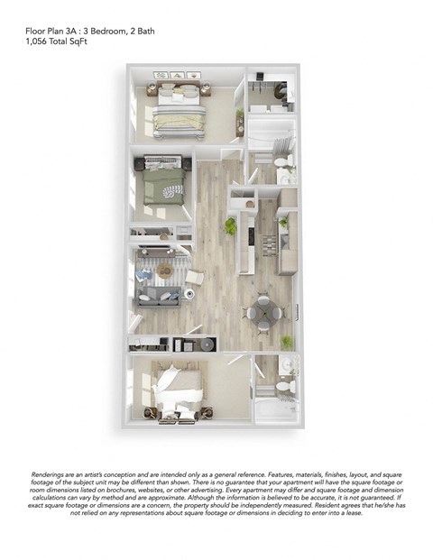Floor plan for 3 beds, 2 baths, 1056 sqft